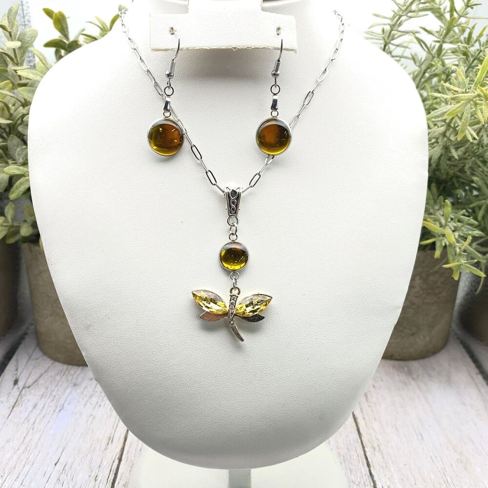 Silver Tone Dragonfly Pendant Necklace & Earrings Set – Yellow Glass - Picture 4 of 4